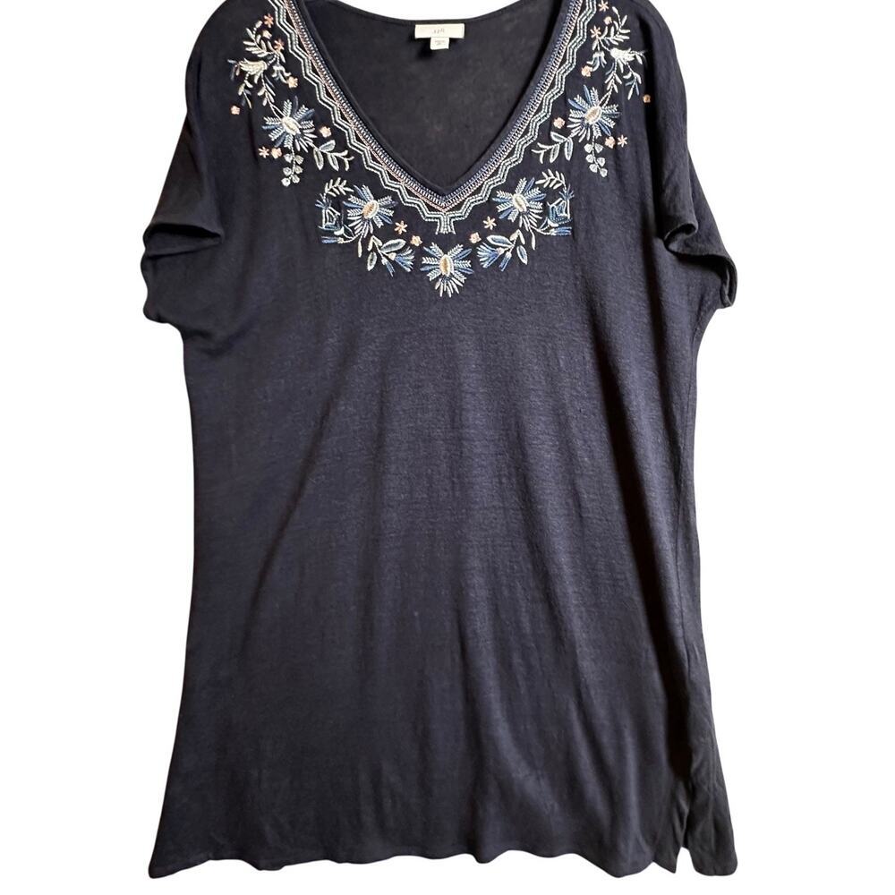J Jill Linen Embroidered Floral Long Line Tunic Top Navy‎ M Tall